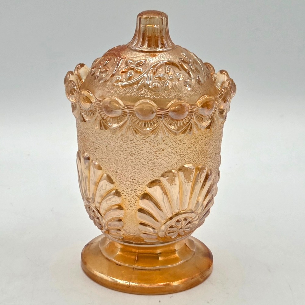 Westmoreland Marigold‎ Carnival Glass Shell &Jewel Sugar Bowl with Lid c1890